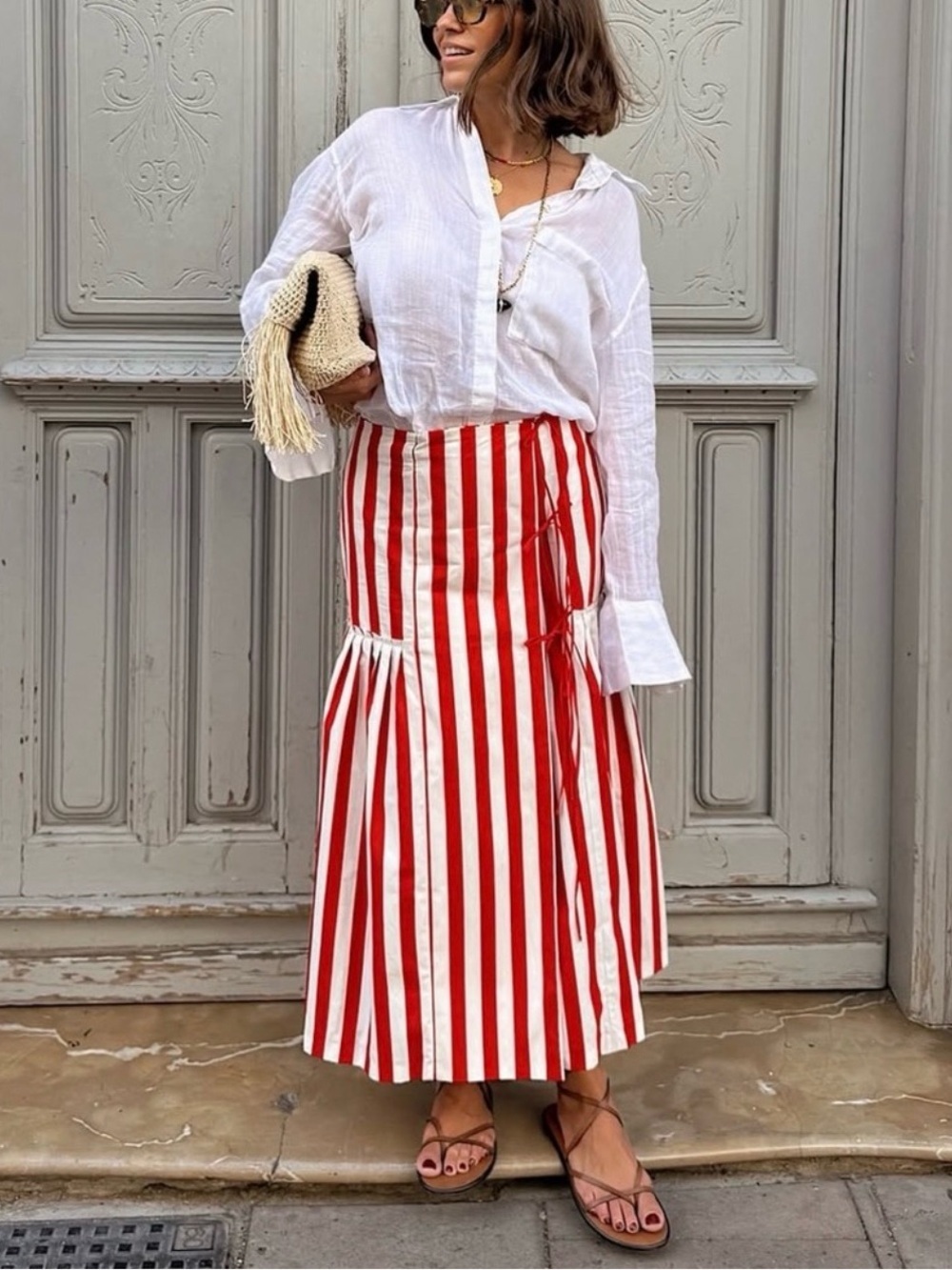 Zara Studio LIMITED EDITION Striped Red White Midi Skirt Front Tie Bows, S